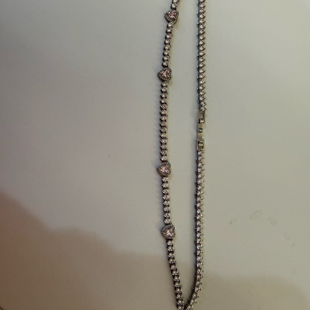 Elegant Silver with Pink Heart Tennis Necklace as seen in Vogue - Picture 6 of 6